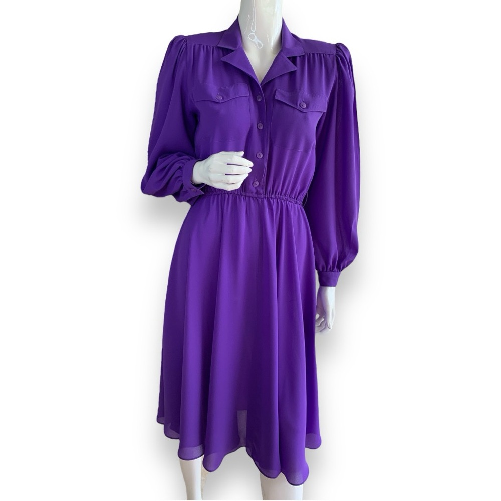 MS CHAUS DEEP PURPLE LONG SLEEVE SHIRT DRESS. WOMEN’S SIZE 4 PETITTE